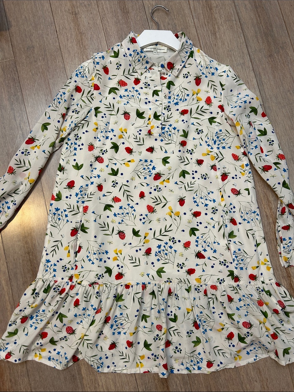 Alexander Terekhov Silk Cream Floral Ruffle-Hem Mini Dress preppy academia sz 38